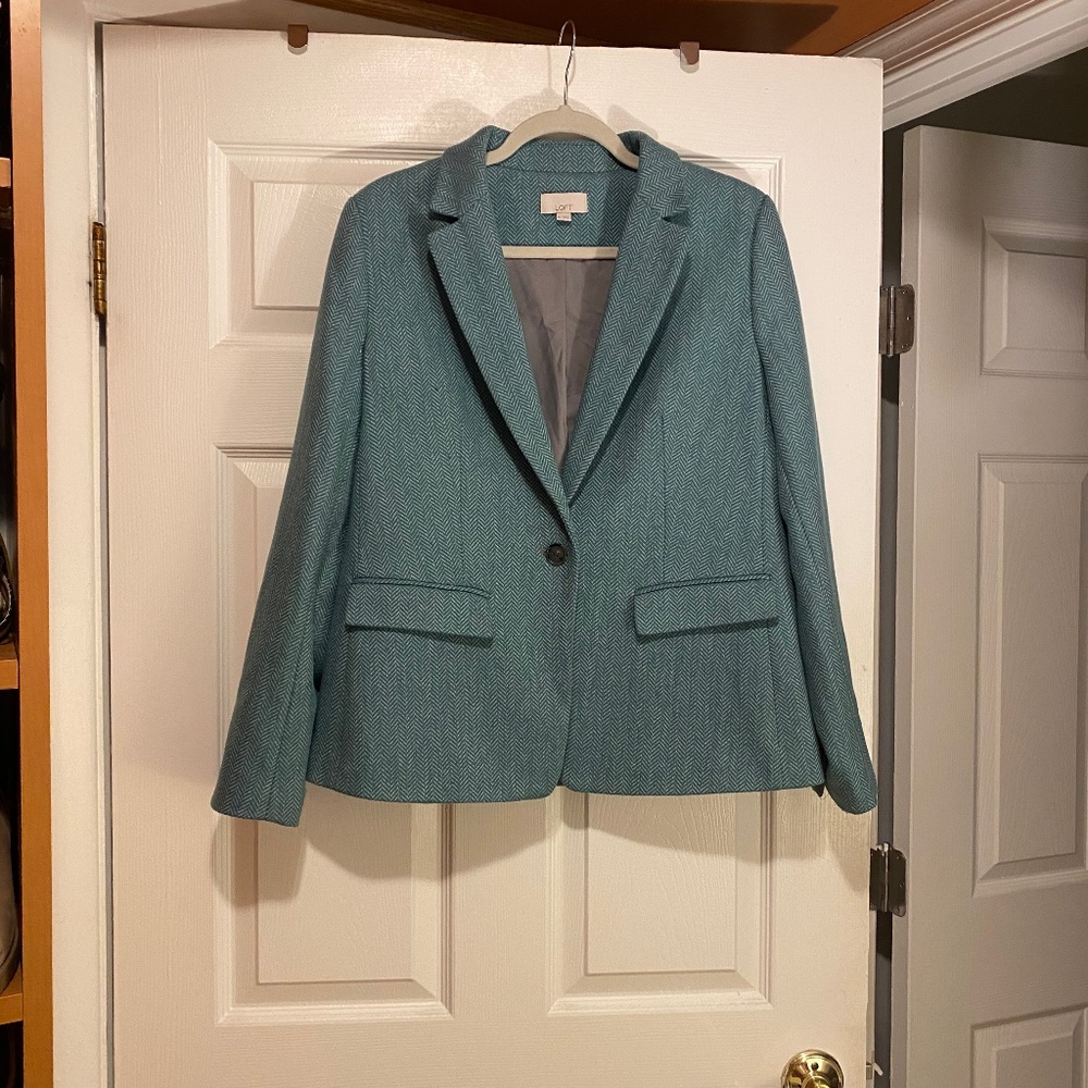 LOFT Herringbone Wool Woven Aqua Turquoise Blazer Brown Tortoise Size 10